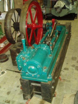 Horizontal engine from Bradford Industrial Museum, sitting on its railway sleeper base.
