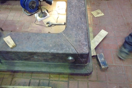 The break, after being closed up. You can see the large head of one of the tie bars used to close the gap.