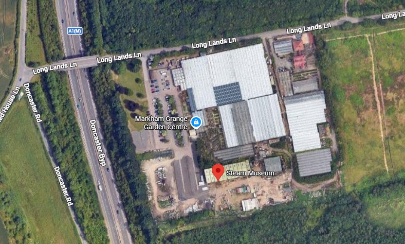 Aerial view of Markham Grange Garden Centre beside the A1(M), with the Steam Museum marked at the far end of the car park